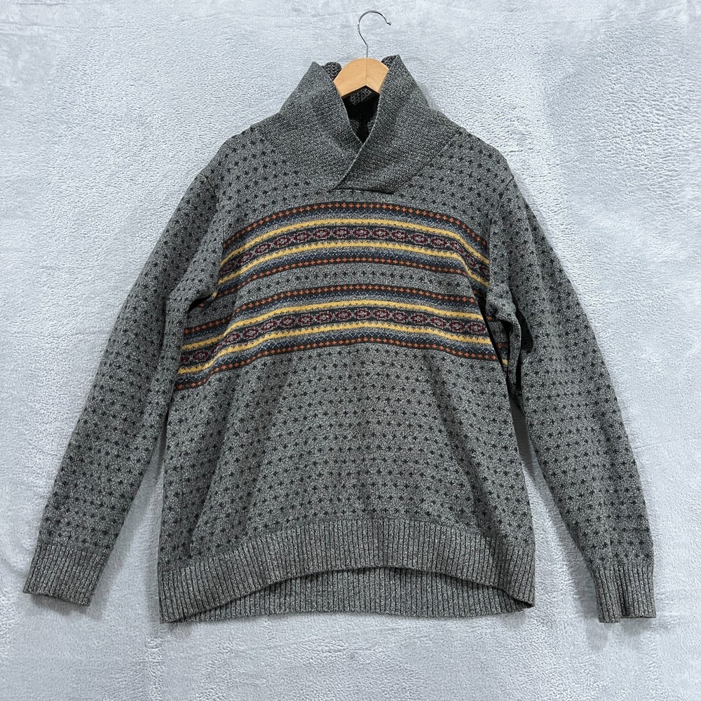 Levis Sweater Mens Large‎ Gray Fair Isle Birds Eye Shawl-Collar Preppy Academia